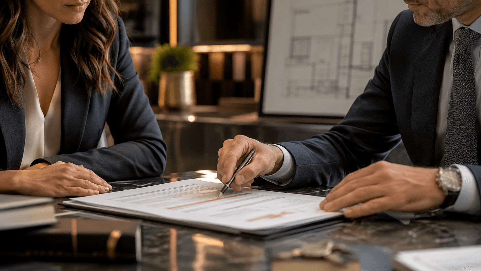 Pessoas analisando contrato e obrigações em uma reunião profissional.