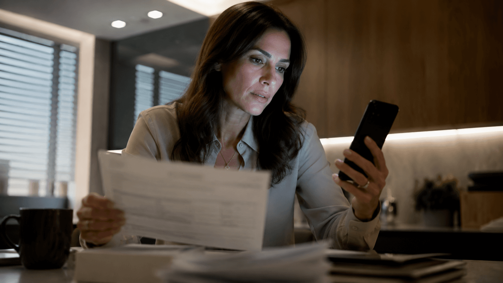 Pessoa conferindo cobrança em celular e documentos sobre a mesa.